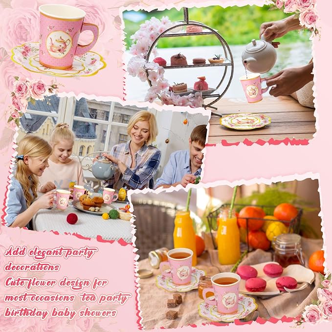 Tioncy 100 Pcs Tea Party Decorations Include 50 Pieces 9 oz Paper Tea Cups - Image 4