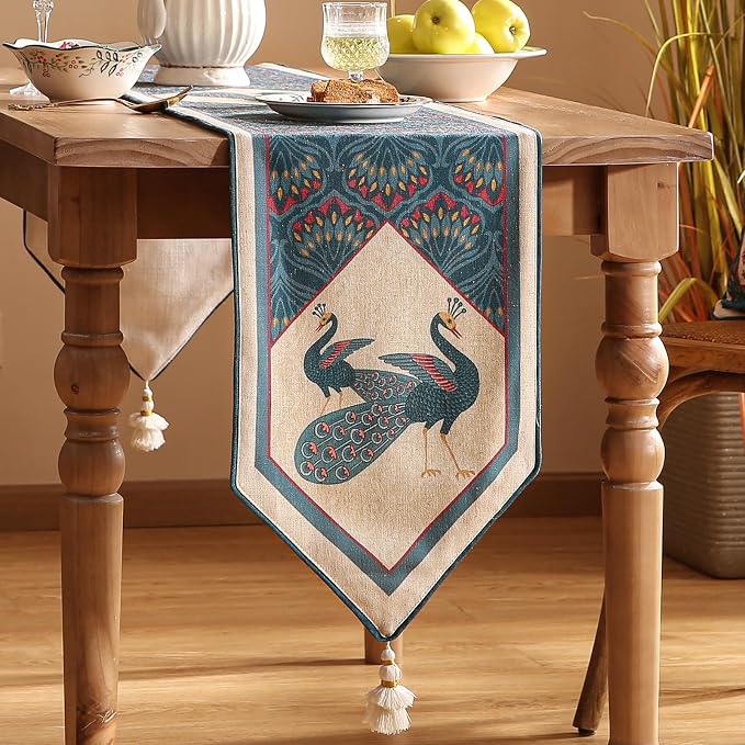 bilingaier Vintage Blue Peacock Small Table Runner - Image 2