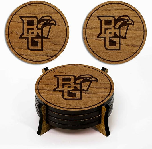 LazerEdge Bowling Green Falcons Wooden Coaster Set - Cherry Wood - Officially Licensed Product - 4-Pack