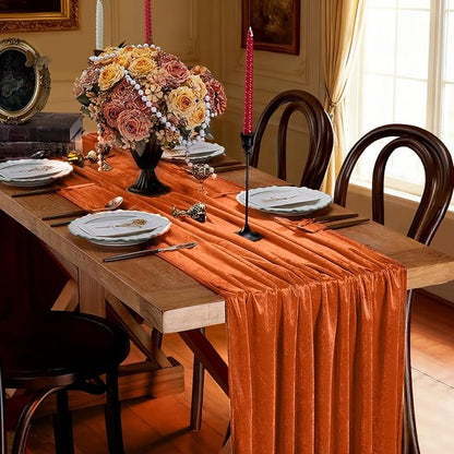 Orange Velvet Table Runner 29 x 120 Inches Fall Halloween Runners | 3 Pieces - Image 2