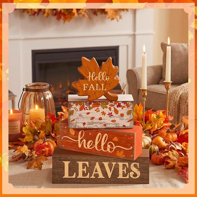 Moucuny 4 Pcs Fall Decor Wooden Maple Leaf Decoration Thanksgiving Tiered Tray - Image 5