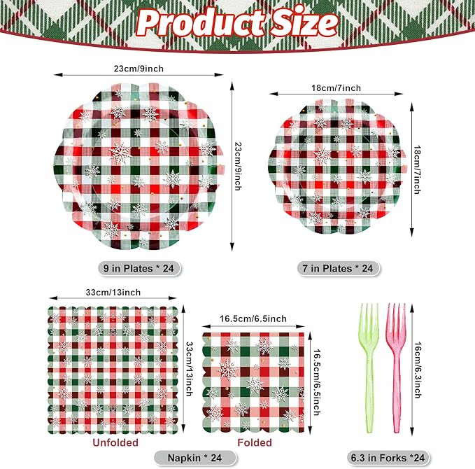 96 Pieces Christmas Plaid Tableware Set – Red and Green Checkered Disposable - Image 2