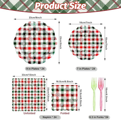 96 Pieces Christmas Plaid Tableware Set – Red and Green Checkered Disposable - Image 2