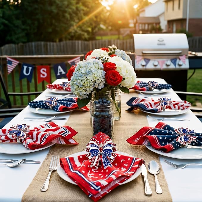 Geiserailie 6 Pieces Patriotic Napkin Rings 4th of July Bow Napkin Ring Holder - Image 6