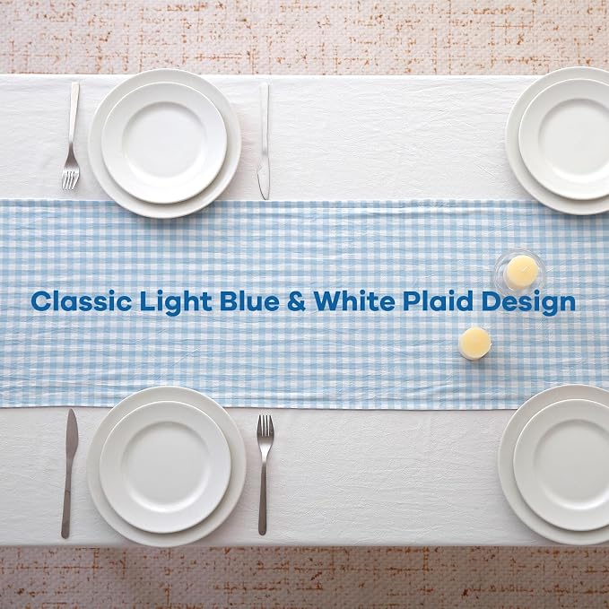Light Blue White Plaid Gingham Ruffle Table Runner 120 inches Long 100% Washed - Image 4