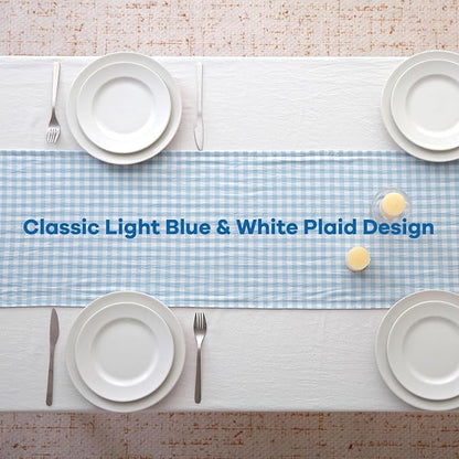 Light Blue White Plaid Gingham Ruffle Table Runner 108 inches Long 100% Washed - Image 4