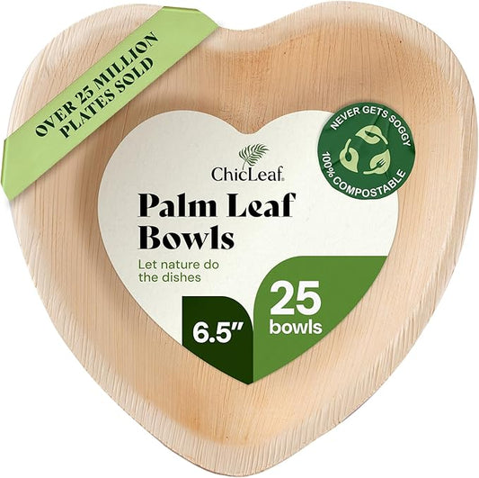 Chic Leaf Palm Leaf Bowls - Mini Disposable Heart Shaped Bamboo Style Plates - Paper Plates Alternative for Weddings & Parties - Compostable, Bridal Shower & Romantic Dinner for 2 (6.5'' - 25 Pack)