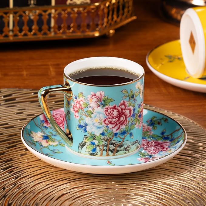 KAMMAK Tea Cup and Saucer, Ceramic Coffee Cups, 7.5 oz, Afternoon Tea and - Image 3