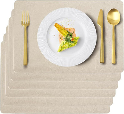 Vinyl Placemats Set of 6 Faux Leather 100% Waterproof Wipeable Washable Place Mats Heat Resistant Easy Clean Non-Slip Table Mats for Indoor Outdoor. (6,Beige)