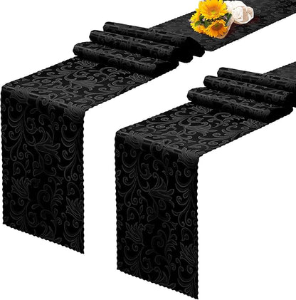 RUDONG M Black Satin Table Runners, 12 x 108 Inch, 2 Pack | Long Silky Damask by RUDONG+M