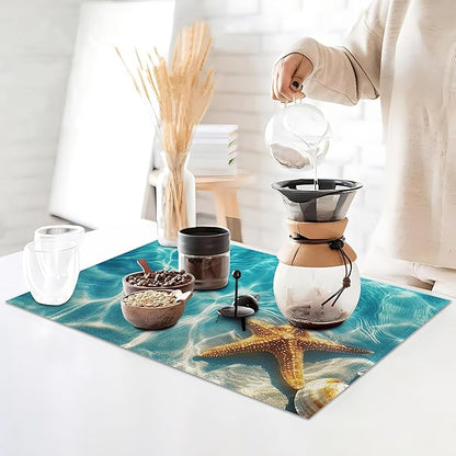 Placemats Set of 6,Starfish Shells Table Mats,Sea Beach Washable Linen Table Mats,Non-Slip Heat Resistant Placemats for Party Kitchen Dining Indoor Outdoor 12"x18"