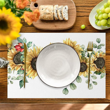 AOFOTO Sunflower Printed Placemats Set of 4 Spring Yellow Floral Leaves Fruit Printed Place Mats Washable Rectangular Table Mats for Party Home Kitchen Restaurant Dining Table Decor 12x18 Inch