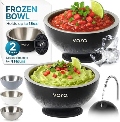 Vora 18oz Dip Chiller Bowl | 2 Pack Black Stainless Steel Chilled Dip Bowl for Dips, Guacamole, Hummus, Salsa | Insulated Serving Dishes with Easiest Water Fill & Refillable Chamber