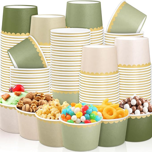 Zopeal 96 Pcs Sage Green Disposable Ice Cream Bowls 9oz Green Gradient Color Paper Snack Cups with Gold Scallop for Parties, Weddings, Baby Showers, Desserts, Yogurt, and Salads