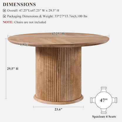 T4TREAM 47" Fluted Round Dining Table for 4-6, Mid-Century Modern Kitchen Table with Thickened Edge & Cylindrical Base for Dining Room, Kitchen, Living Room,Light Knotty Oak(Table Only)