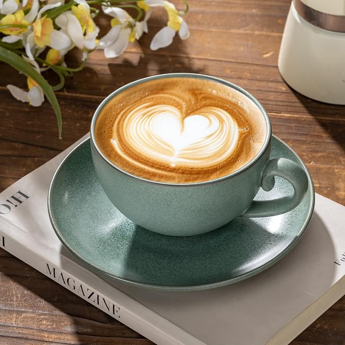 Cup and Saucer Set Turquoise Ceramic Cappuccino Mug Set of 1-10 oz Microwave - Image 2