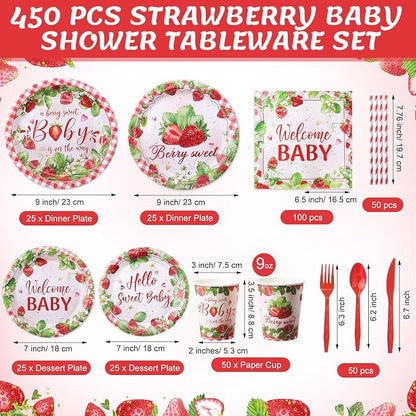 450 Pcs Strawberry Baby Shower Tableware Set Decoration, Serves 50 | A Berry - Image 2