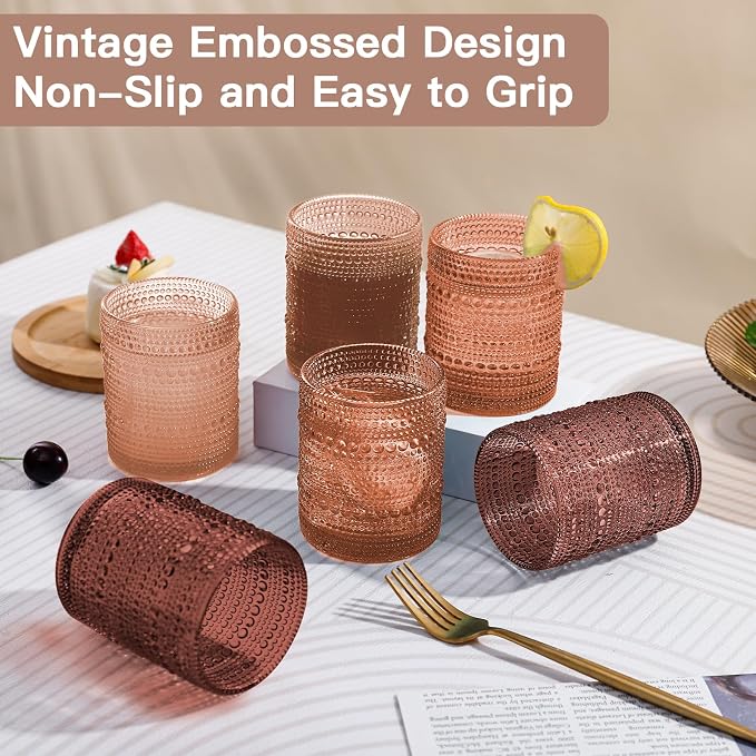 JOVGANK Venus Vintage Hobnail Drinking Glasses Set of 6, Embossed Water Tumbler - Image 6