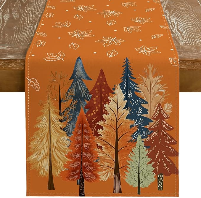 Fall Watercolor Trees & Maple Leaves Table Runner 13x72 Inch, Rustic Farmhouse by GEEORY