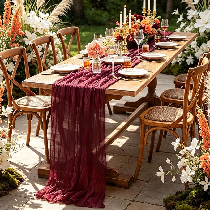 3Pcs Burgundy Table Runner, 10FT Boho Rustic Burgundy Maroon Table Runner - Image 5