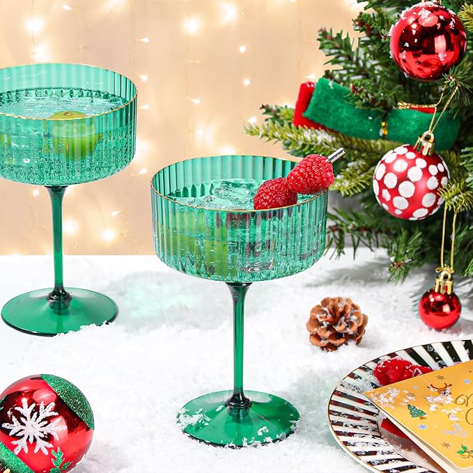 24 PCS Plastic Martini Glasses 10 oz Detachable Gold Rim Green Ribbed Coupe Glasses Vintage Christmas Martini Cocktail Glass for Bar,Margarita,Gin,Tequila, Desserts and Snacks