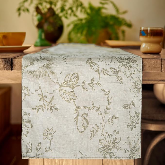 jinchan Green Floral Linen Table Runner 13 x 72 Inch Rustic | Nature-inspired - Image 4