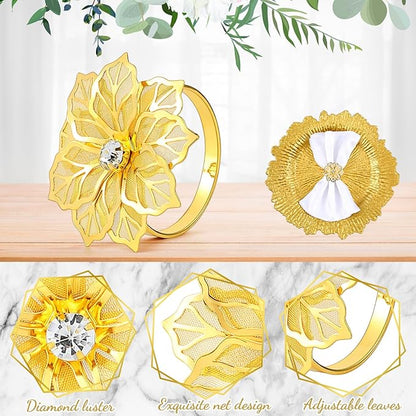 Dandat 48 Pcs Charger Plate Bulk 13'' Floral Reef Plates with Napkin Ring Plastic Dinner Charger Hollow Out Flower Napkin Holder Plastic Plate for Table Setting Wedding Party (Gold)