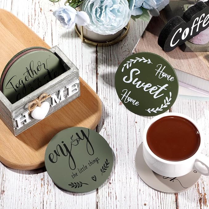 Queekay Coasters Set of 6 House Warming Gifts New Home Wooden Farmhouse Drink - Image 5