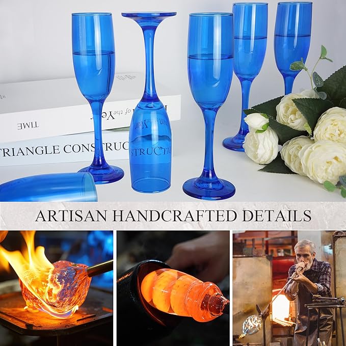 Champagne Flutes Glasses Set of 6-6oz Elegant Blue Glass, Unique Blue Colored Long Stem Champagne Flute Gift for Wedding, Anniversaries, Parties, Birthday, Restaurant, Home Bar