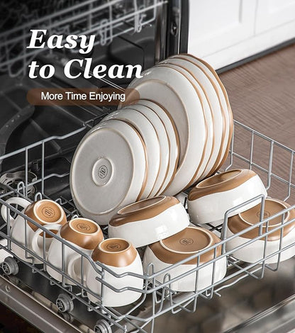 Lareina Plates and Bowls Set, 12 Pieces Farmhouse Ceramic Dinnerware Sets, Scratch Resistance, Dishwasher Microwave Safe, Vanilla White