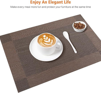 Placemats Set of 6,Washable,Heat and Stain Resistant Indoor/Outdoor Place mats,Vinyl Woven Non Slip Table Mats for Restaurant Table Protection,PVC Placemats(Brown,6PCS)