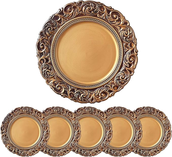 Antique Gold Charger Plates, 13 Inch Dinner Plate Chargers Round Server Ware. - Image 2