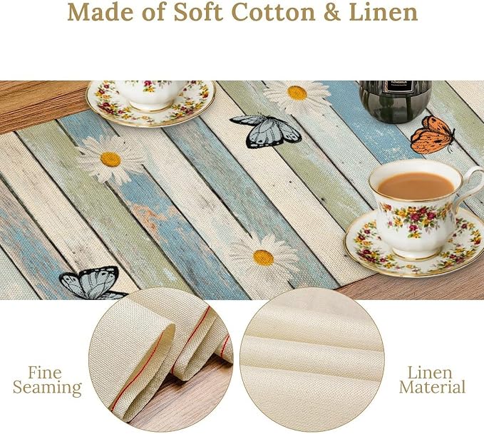 Daisy Floral Table Runner, Spring Summer Floral Flower Blue Wooden Boards Boho - Image 6