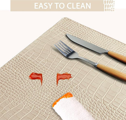 Jovono Faux Leather Placemats Set of 8, Waterproof & Heat Resistant Dinner Place Mats for Dining Table, Non-Slip Crocodile Embossed, Beige (17.8x11.8 Inch)