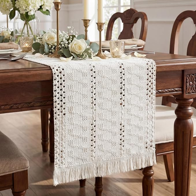 Boho Macrame Table Runner with Tassels 90in White Farmhouse Runner | Macrame by Xiomot