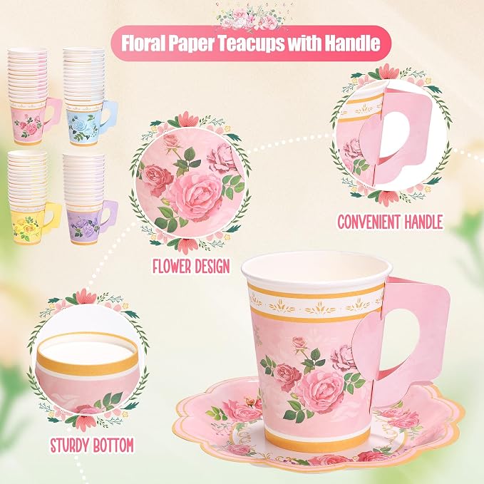 Kochorie 120 Pcs Floral Paper Tea Cups and Saucers 9 Oz Disposable Teacups Bulk - Image 3