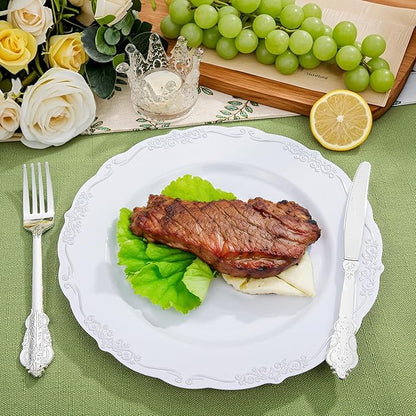 DaYammi 60PCS White and Silver Plastic Plates, Heavy Duty White and Silver Disposable Plates Premium 10inch White Dinner Plates Hard Plastic Plates Disposable for Party Wedding Bridal Shower