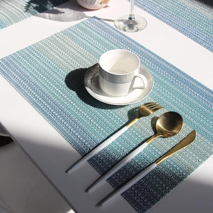 Placemats Washable Easy to Clean PVC Placemat for Kitchen Table Heat-resistand Woven Vinyl Hard Table Mats 12x18 inches Set of 6 （Blue）