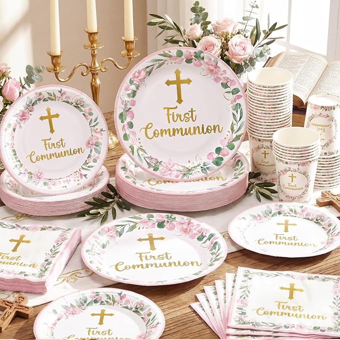 Pickmesh 250 Pcs Pink First Holy Communion Disposable Tableware Set God Bless - Image 3