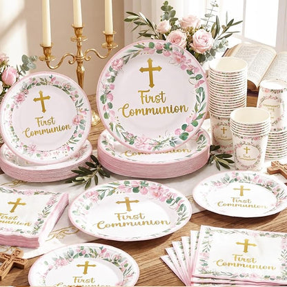 Pickmesh 250 Pcs Pink First Holy Communion Disposable Tableware Set God Bless - Image 3