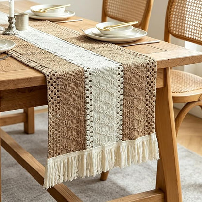Textured Macramé Table Runner, Cotton and Jute Blend, 30 x 140 cm by Vkinman