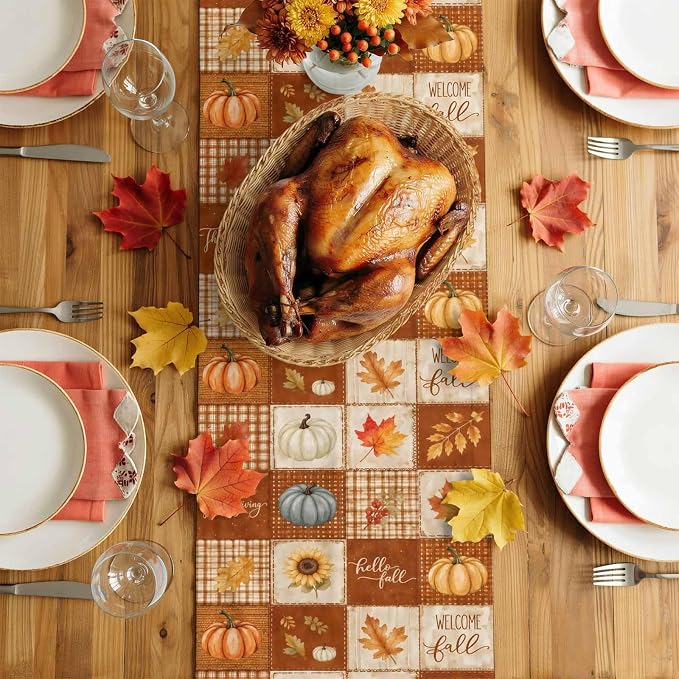 Fall Checkered Table Runner 72 Inches Long, Thanksgiving Pumpkins Table Runners - Image 4