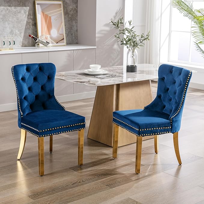 KCC Velvet Dining Chairs Set of 2, Upholstered High-end Tufted Dining Chair with Nailhead Back Ring Pull Trim Stainless Steel Legs, Contemporary Nikki Collection Modern Style for Kitchen, Blue