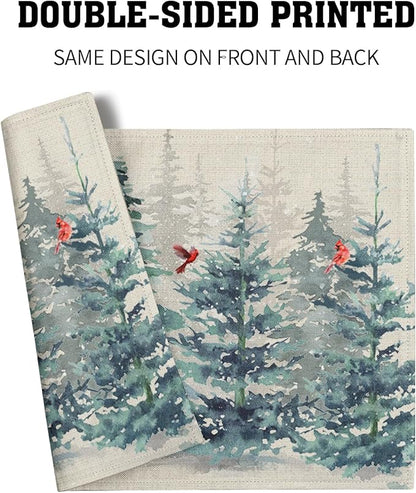 Winter Forest Tree Placemats Set of 4，Pine Tree Christmas Red Bird Heat Resistant Non Slip Place Mats Cotton Linen Tablemats for Dining Table Kitchen Decor 18 x 12 Inch