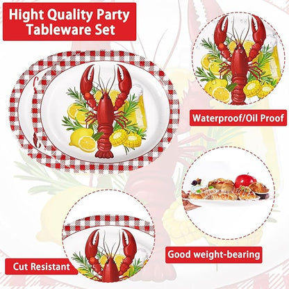 Grencian 50 Pcs Crawfish Boil Party Supplies 10” x 12” Lobster Boil Oval Paper Plates Large Disposable Crawfish Red Gingham Tableware Set for Baby Shower BBQ Summer Picnic Barbecue Cookout Carnival
