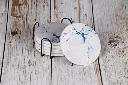 Marble Ceramic Coasters with Metal Holder 6 Pcs Abstract Absorbent Drink Round Ceramic Table Coasters Set Decorative Coffee Cup Beverage 4 Inches- Light Blue