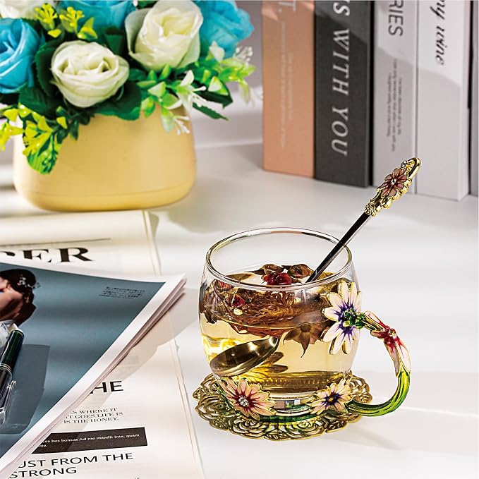 Flower Tea Cup, Daisy Flower Clear Glass Fancy Coffee Cup - Image 7