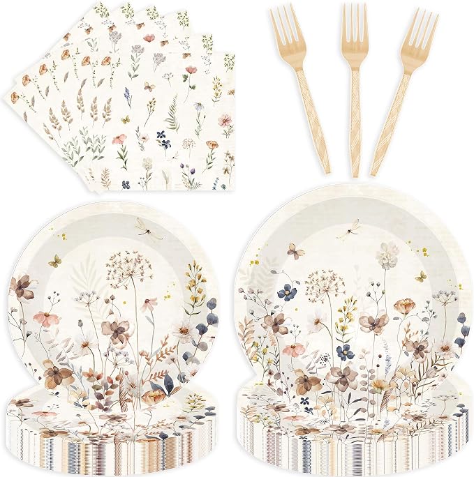 96 Pcs Wildflower Party Decorations, Floral Tableware Set | Serves 24 guests by EoBeCy