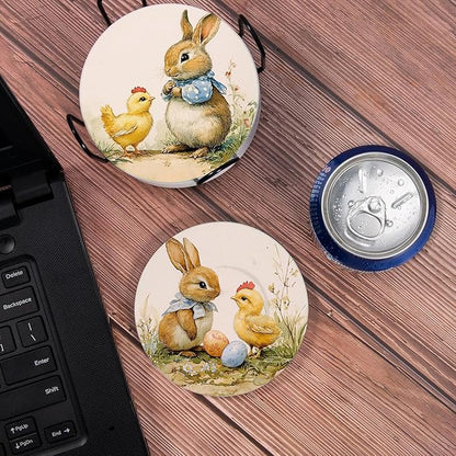 Drink Coasters for Drinks Set of 6, Vintage Easter Cute Rabbit and Eggs Absorbent Round Ceramic Stone Mat Coaster, with Cork Base and Metal Holder, Home Bar Decor House Warming Gift