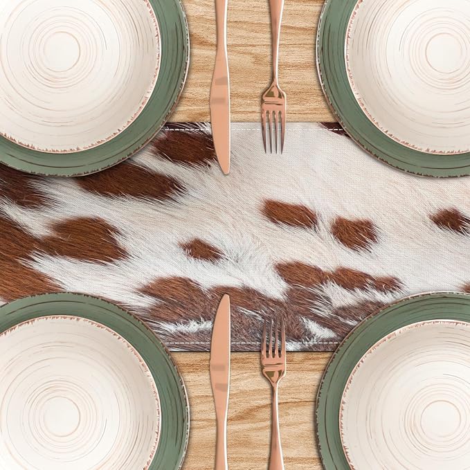 Linen Cow Print Table Runner 13x71 Inch Farmhouse Western White Brown Cowhide - Image 5
